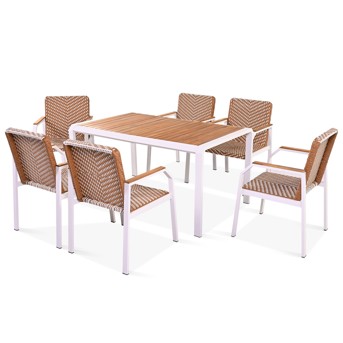 GO 7 Piece Patio Dining Table Set, Outdoor Wicker Furniture Set of 6 Chairs, Two Tone Weave Rattan, Acacia Wood Tabletop, Outdoor Dining Set for Backyard and Garden, Brown