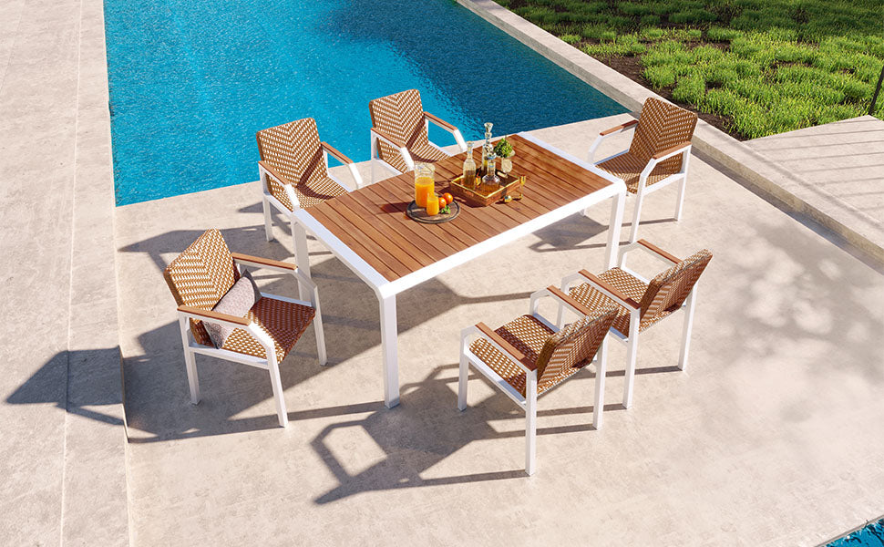 GO 7 Piece Patio Dining Table Set, Outdoor Wicker Furniture Set of 6 Chairs, Two Tone Weave Rattan, Acacia Wood Tabletop, Outdoor Dining Set for Backyard and Garden, Brown