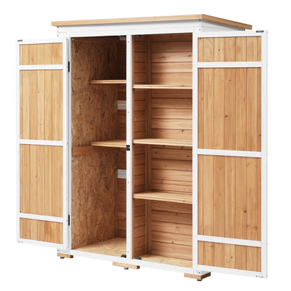Outdoor 5.5ft Hx4.1ft L Wood Storage Shed, Garden Tool Cabinet with Waterproof Asphalt Roof, Four Lockable Doors, Multiple-tier Shelves, Natural