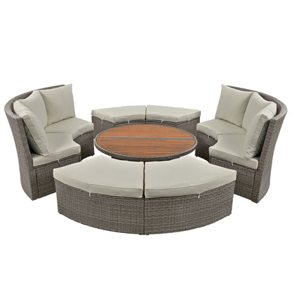 5-Piece Round Rattan Sectional Sofa Set All-Weather PE Wicker Sunbed Daybed with Round Liftable Table and Washable Cushions for Outdoor Backyard Poolside, Gray