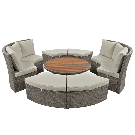 5-Piece Round Rattan Sectional Sofa Set All-Weather PE Wicker Sunbed Daybed with Round Liftable Table and Washable Cushions for Outdoor Backyard Poolside, Gray