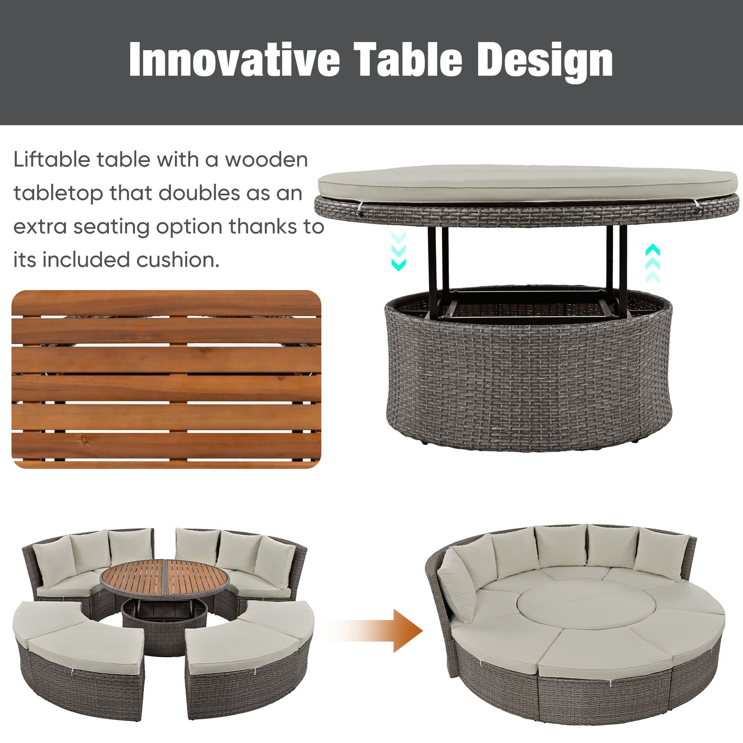 5-Piece Round Rattan Sectional Sofa Set All-Weather PE Wicker Sunbed Daybed with Round Liftable Table and Washable Cushions for Outdoor Backyard Poolside, Gray