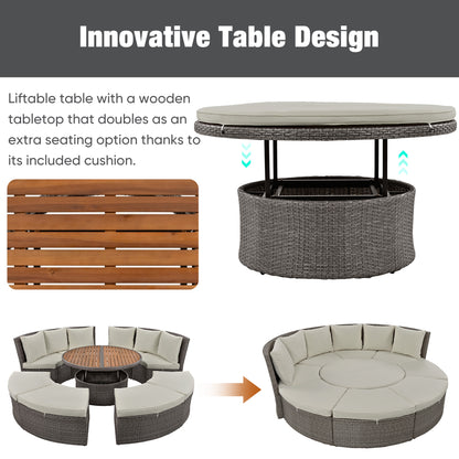 5-Piece Round Rattan Sectional Sofa Set All-Weather PE Wicker Sunbed Daybed with Round Liftable Table and Washable Cushions for Outdoor Backyard Poolside, Gray