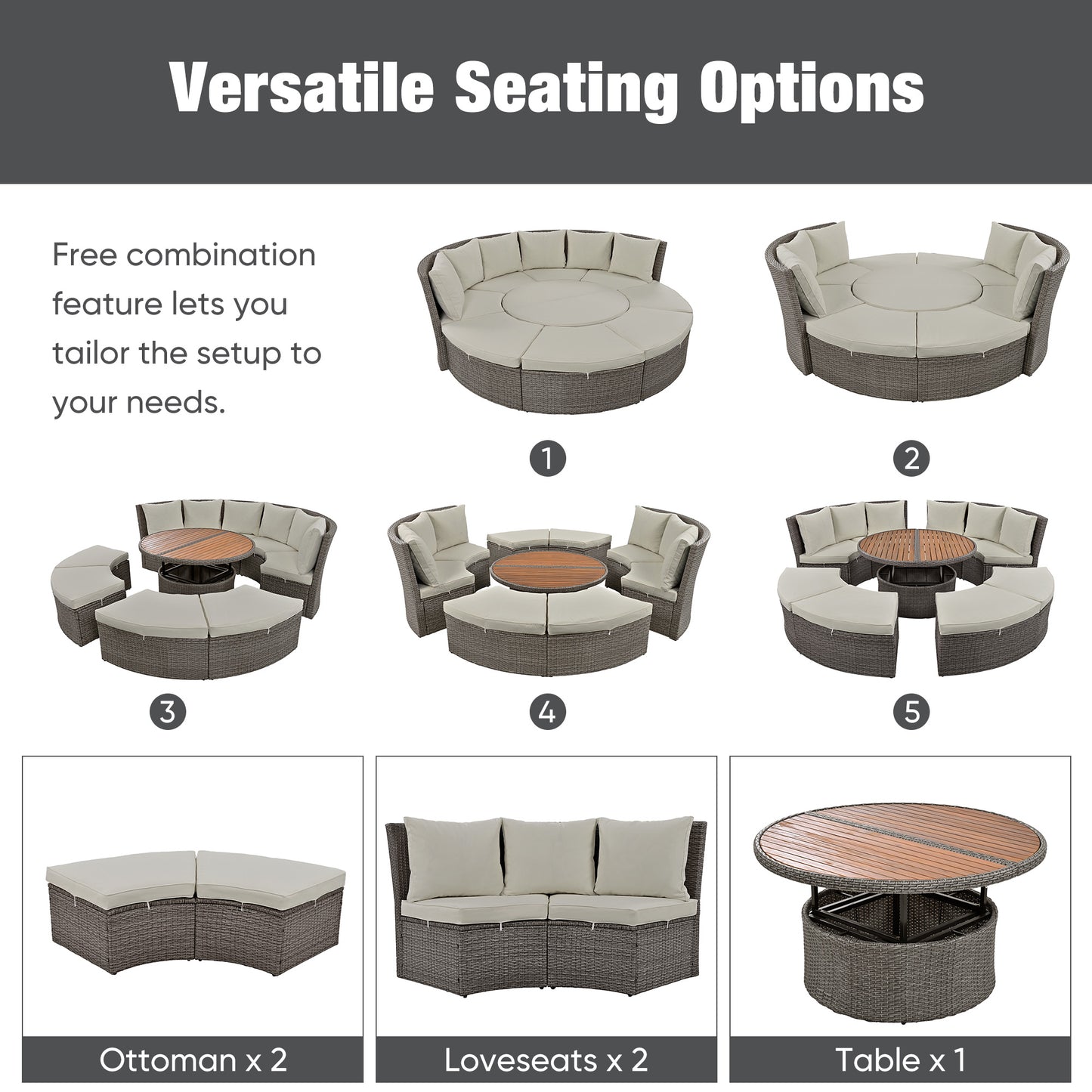 5-Piece Round Rattan Sectional Sofa Set All-Weather PE Wicker Sunbed Daybed with Round Liftable Table and Washable Cushions for Outdoor Backyard Poolside, Gray