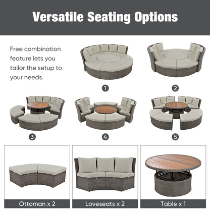 5-Piece Round Rattan Sectional Sofa Set All-Weather PE Wicker Sunbed Daybed with Round Liftable Table and Washable Cushions for Outdoor Backyard Poolside, Gray