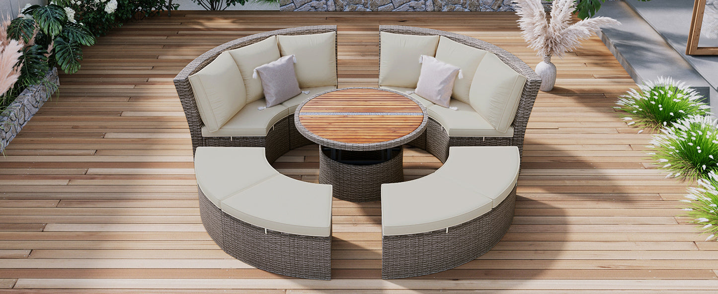 5-Piece Round Rattan Sectional Sofa Set All-Weather PE Wicker Sunbed Daybed with Round Liftable Table and Washable Cushions for Outdoor Backyard Poolside, Gray
