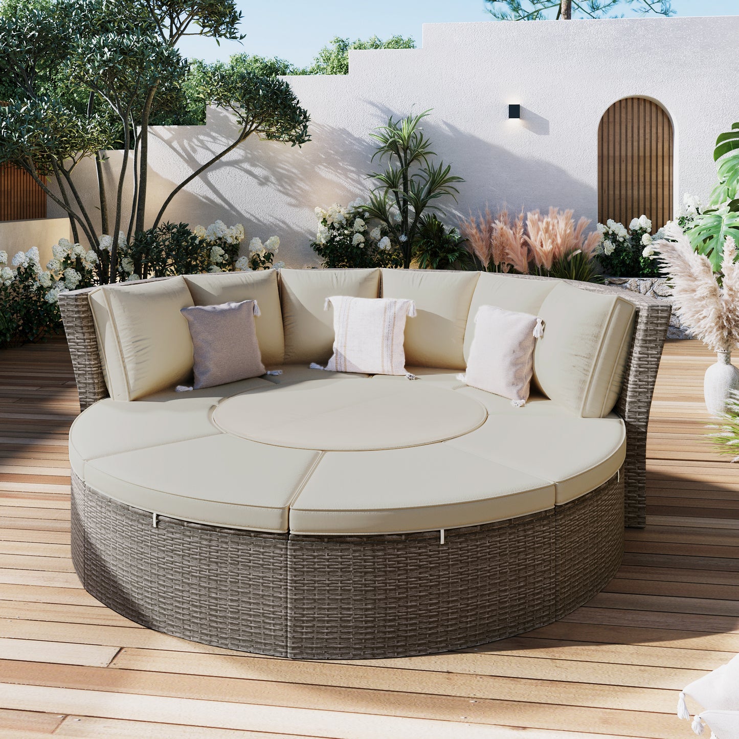 5-Piece Round Rattan Sectional Sofa Set All-Weather PE Wicker Sunbed Daybed with Round Liftable Table and Washable Cushions for Outdoor Backyard Poolside, Gray
