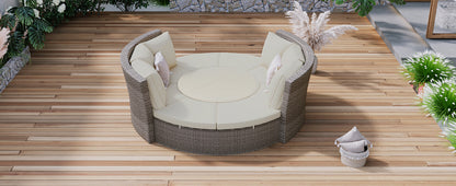 5-Piece Round Rattan Sectional Sofa Set All-Weather PE Wicker Sunbed Daybed with Round Liftable Table and Washable Cushions for Outdoor Backyard Poolside, Gray