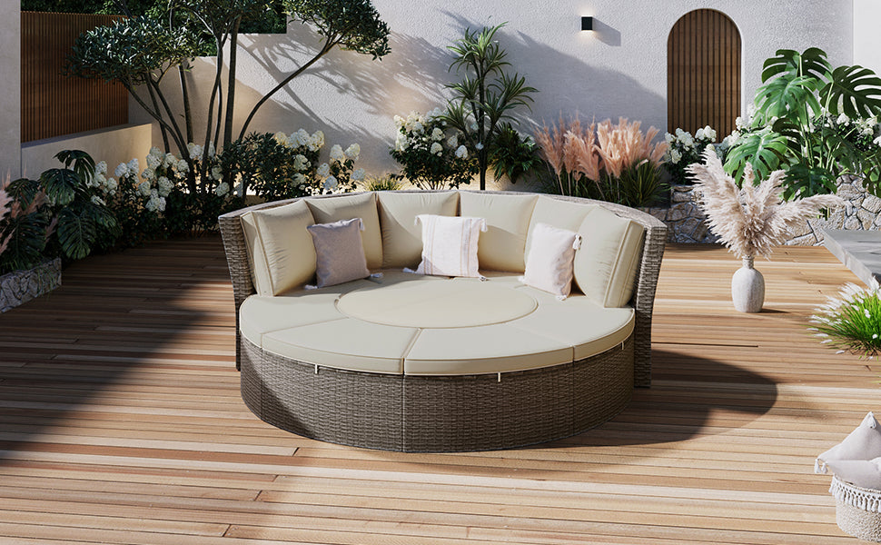 5-Piece Round Rattan Sectional Sofa Set All-Weather PE Wicker Sunbed Daybed with Round Liftable Table and Washable Cushions for Outdoor Backyard Poolside, Gray