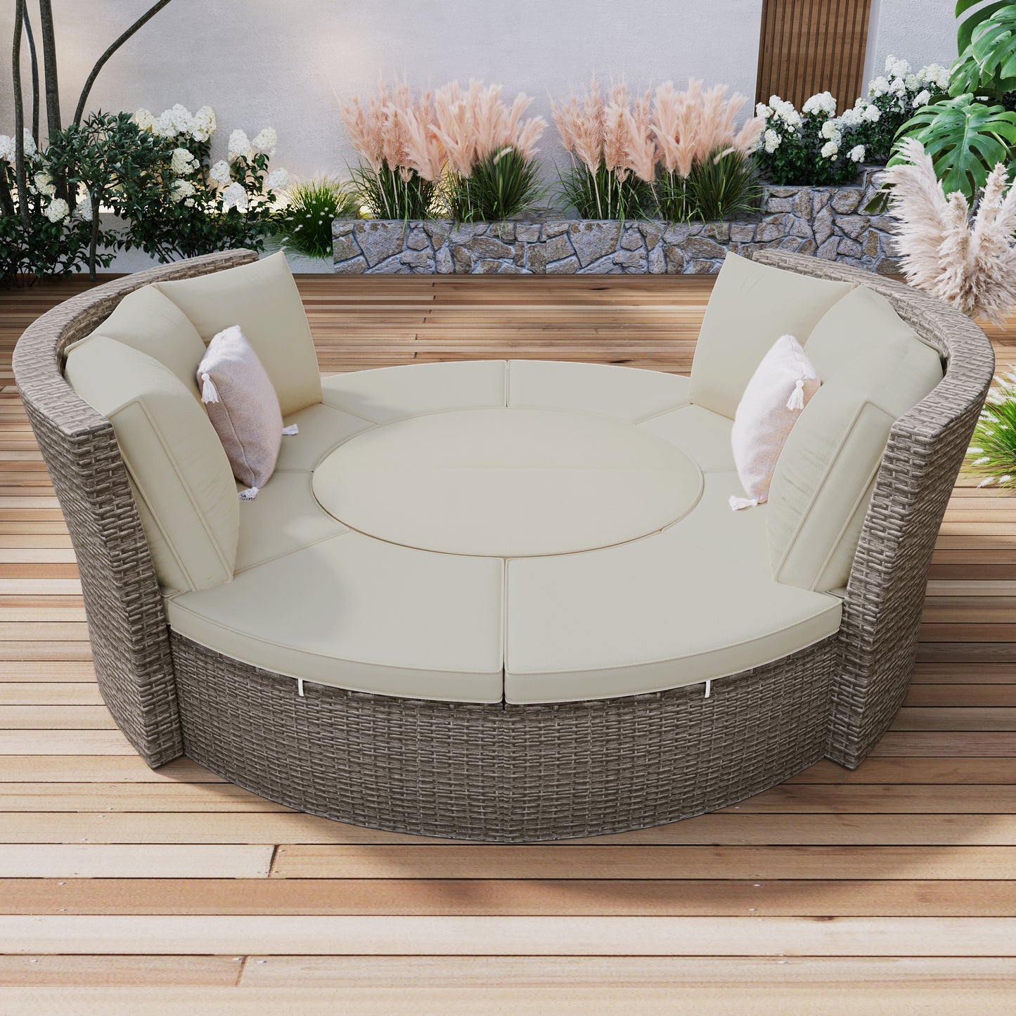 5-Piece Round Rattan Sectional Sofa Set All-Weather PE Wicker Sunbed Daybed with Round Liftable Table and Washable Cushions for Outdoor Backyard Poolside, Gray