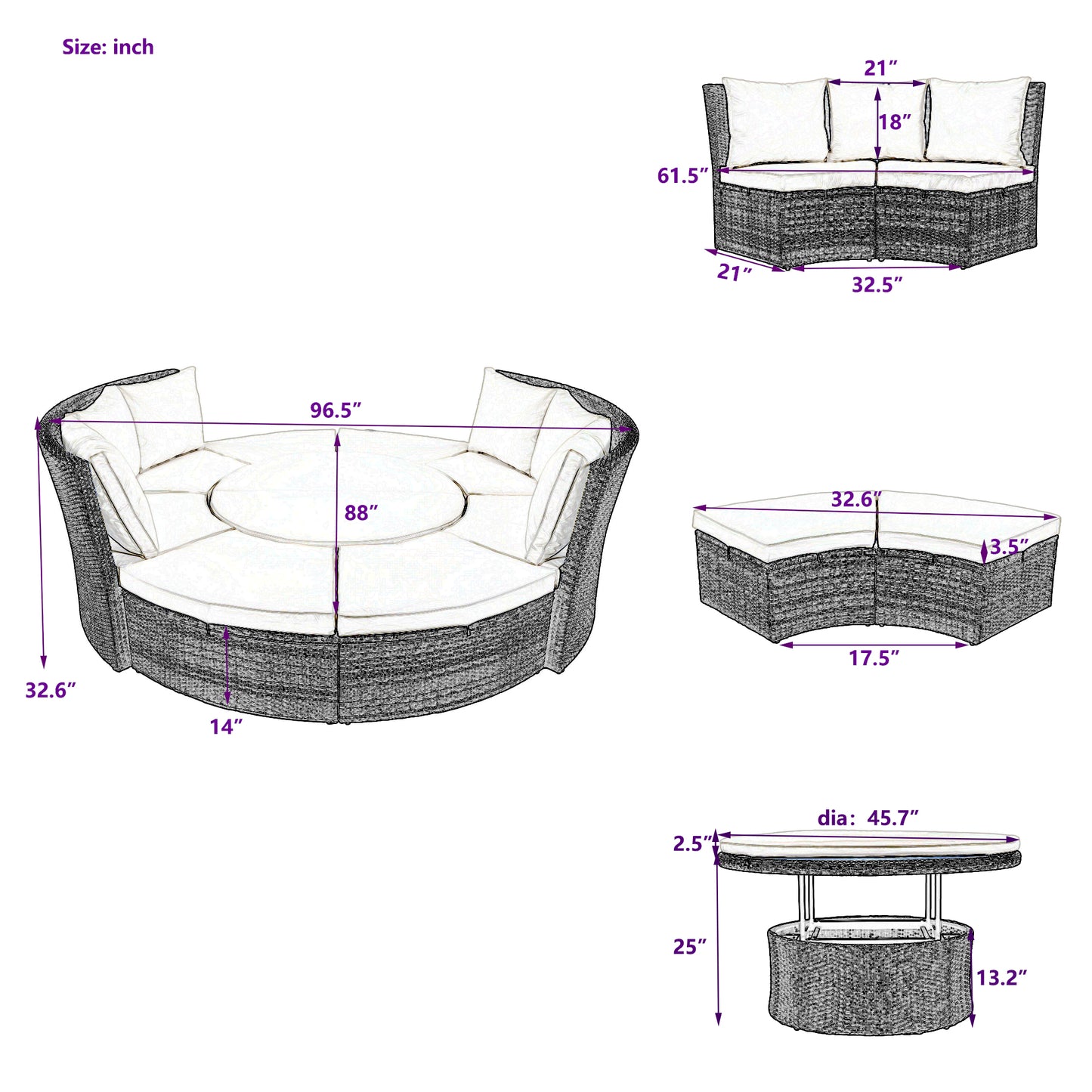 5-Piece Round Rattan Sectional Sofa Set All-Weather PE Wicker Sunbed Daybed with Round Liftable Table and Washable Cushions for Outdoor Backyard Poolside, Gray