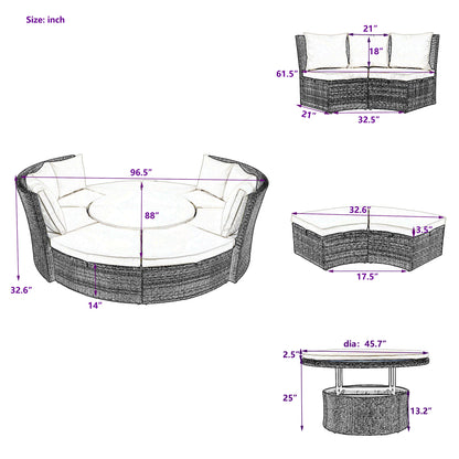 5-Piece Round Rattan Sectional Sofa Set All-Weather PE Wicker Sunbed Daybed with Round Liftable Table and Washable Cushions for Outdoor Backyard Poolside, Gray