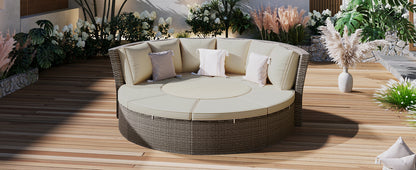 5-Piece Round Rattan Sectional Sofa Set All-Weather PE Wicker Sunbed Daybed with Round Liftable Table and Washable Cushions for Outdoor Backyard Poolside, Gray