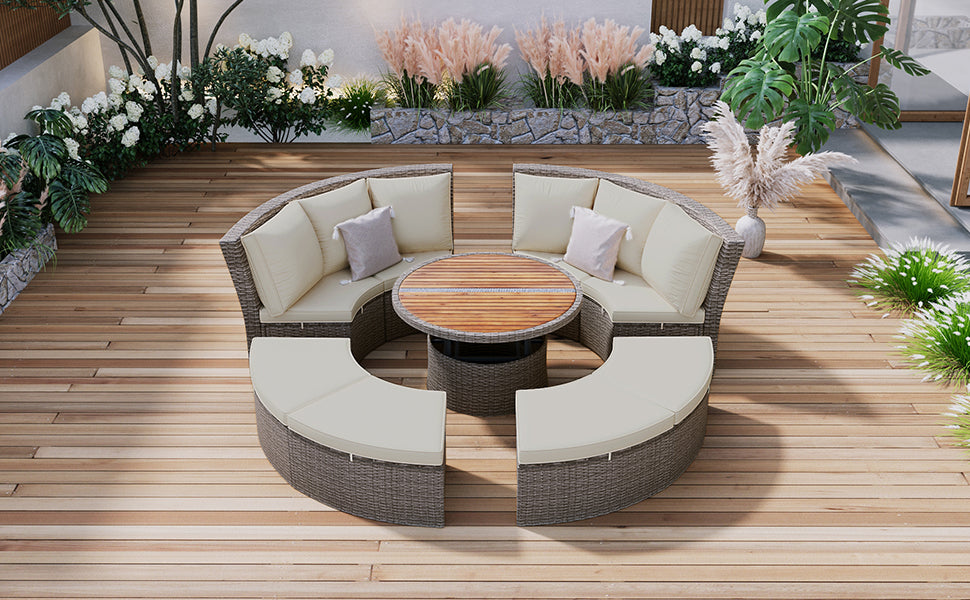 5-Piece Round Rattan Sectional Sofa Set All-Weather PE Wicker Sunbed Daybed with Round Liftable Table and Washable Cushions for Outdoor Backyard Poolside, Gray