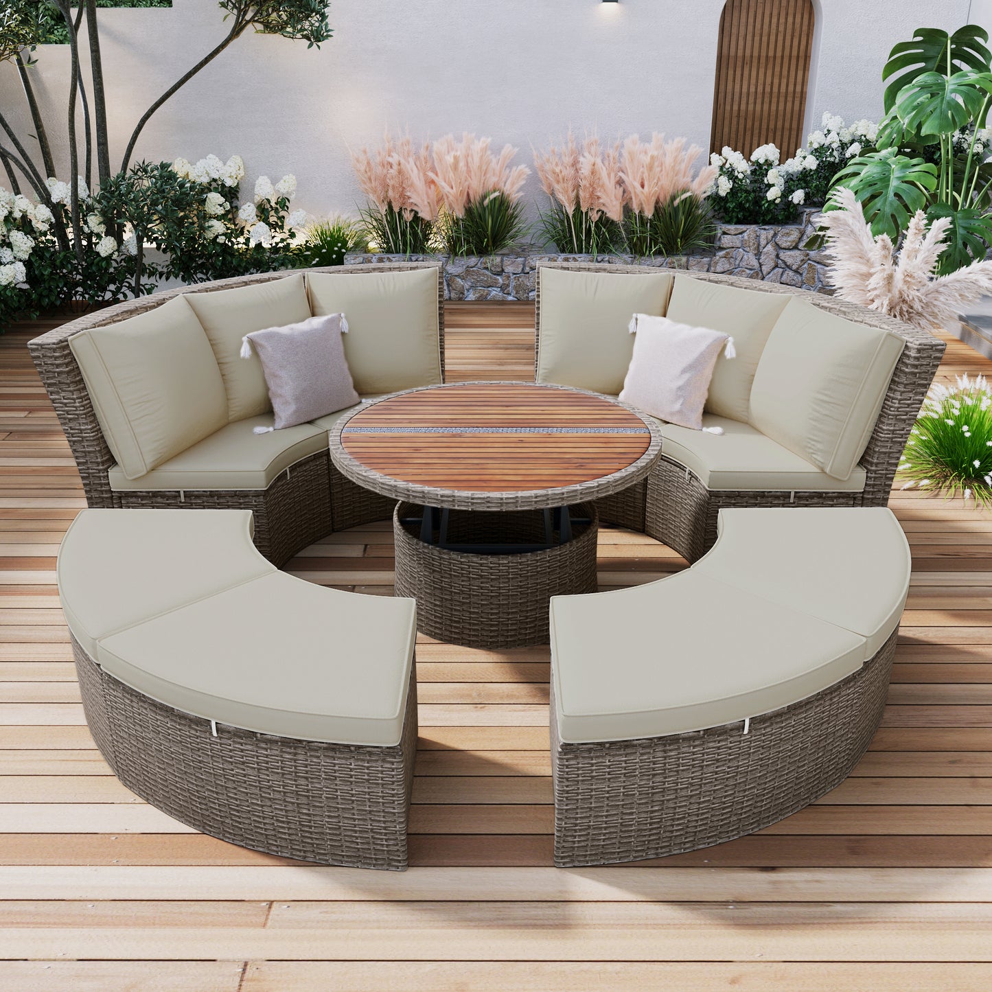 5-Piece Round Rattan Sectional Sofa Set All-Weather PE Wicker Sunbed Daybed with Round Liftable Table and Washable Cushions for Outdoor Backyard Poolside, Gray