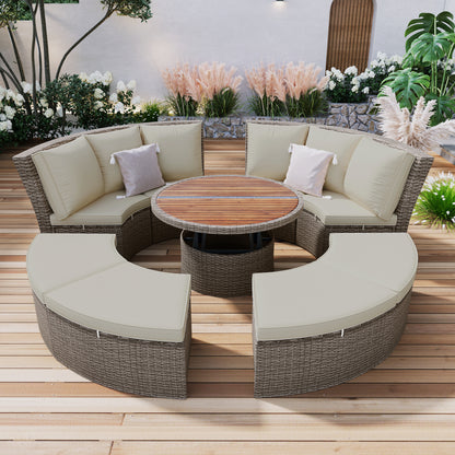 5-Piece Round Rattan Sectional Sofa Set All-Weather PE Wicker Sunbed Daybed with Round Liftable Table and Washable Cushions for Outdoor Backyard Poolside, Gray