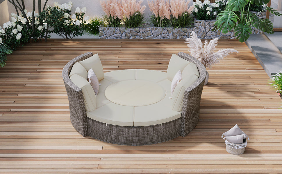 5-Piece Round Rattan Sectional Sofa Set All-Weather PE Wicker Sunbed Daybed with Round Liftable Table and Washable Cushions for Outdoor Backyard Poolside, Gray