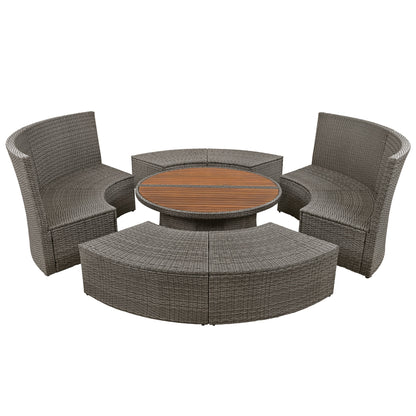 5-Piece Round Rattan Sectional Sofa Set All-Weather PE Wicker Sunbed Daybed with Round Liftable Table and Washable Cushions for Outdoor Backyard Poolside, Gray
