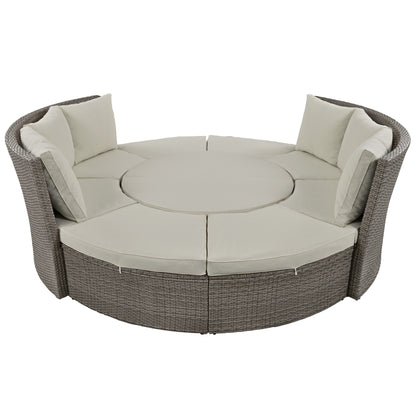 5-Piece Round Rattan Sectional Sofa Set All-Weather PE Wicker Sunbed Daybed with Round Liftable Table and Washable Cushions for Outdoor Backyard Poolside, Gray