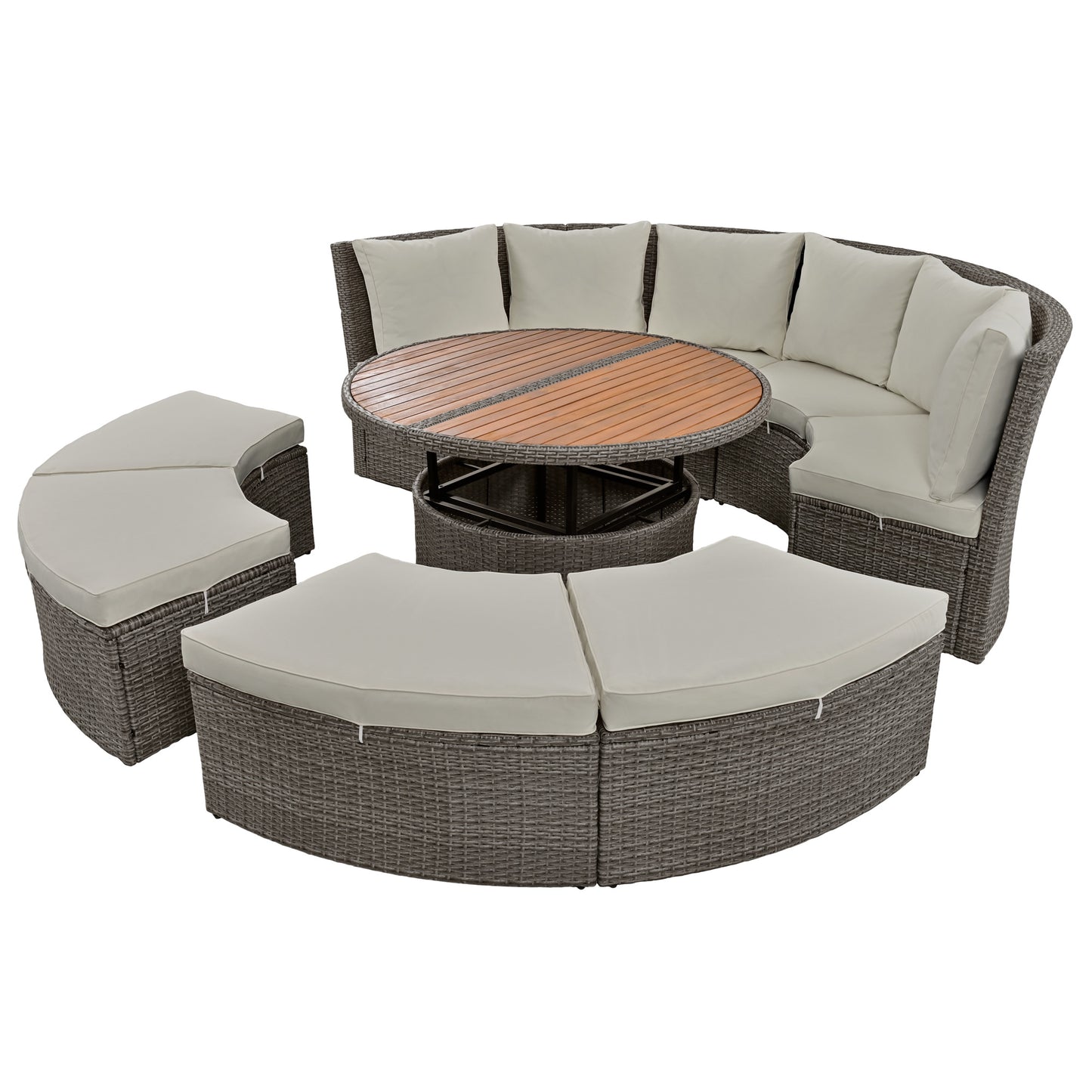 5-Piece Round Rattan Sectional Sofa Set All-Weather PE Wicker Sunbed Daybed with Round Liftable Table and Washable Cushions for Outdoor Backyard Poolside, Gray