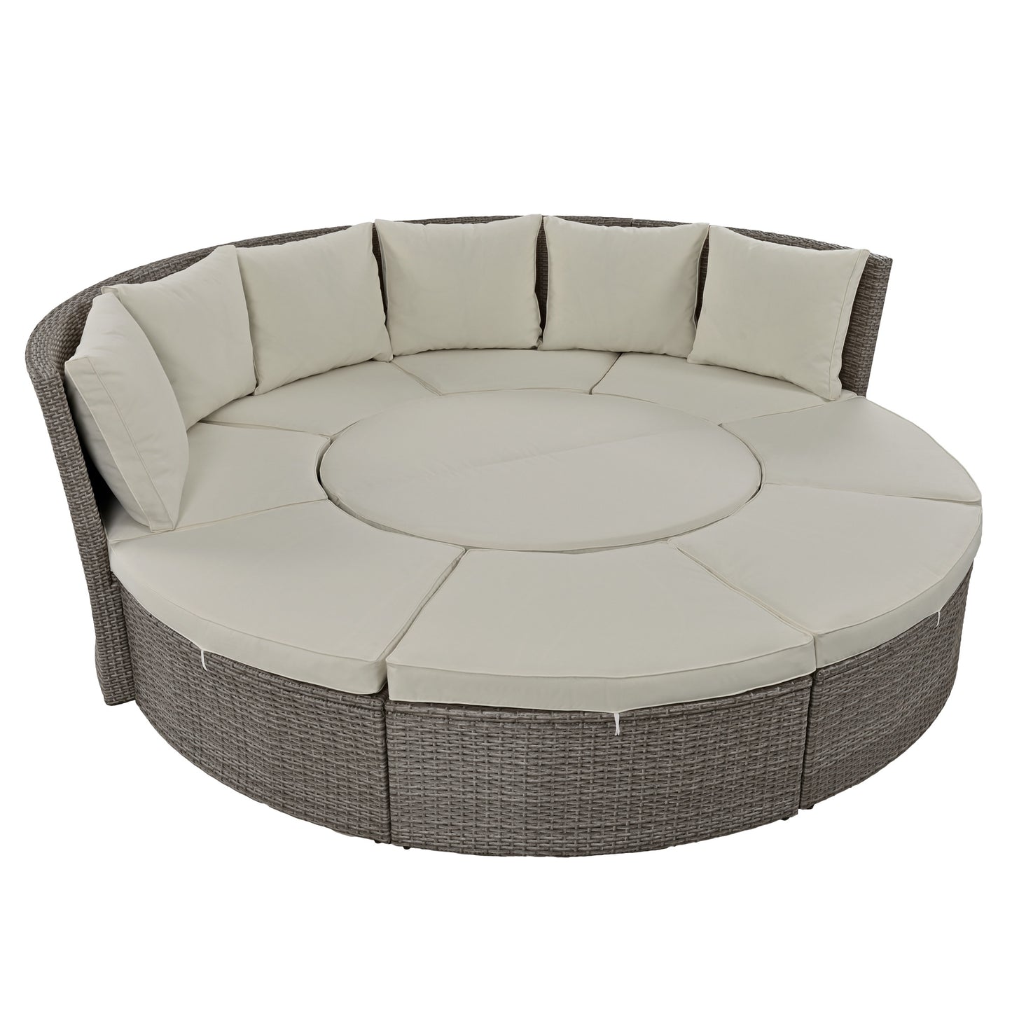 5-Piece Round Rattan Sectional Sofa Set All-Weather PE Wicker Sunbed Daybed with Round Liftable Table and Washable Cushions for Outdoor Backyard Poolside, Gray