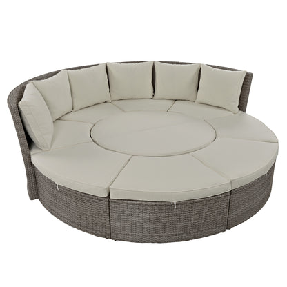 5-Piece Round Rattan Sectional Sofa Set All-Weather PE Wicker Sunbed Daybed with Round Liftable Table and Washable Cushions for Outdoor Backyard Poolside, Gray