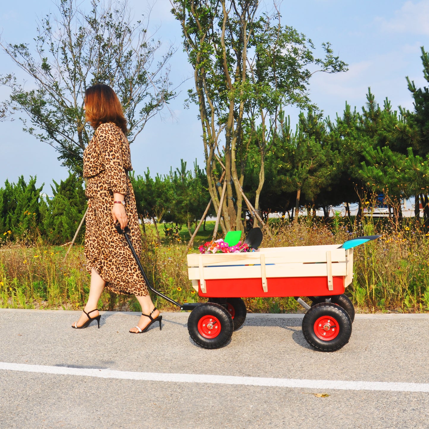 outdoor sport wagon tools cart wooden side panels air tires Wagon