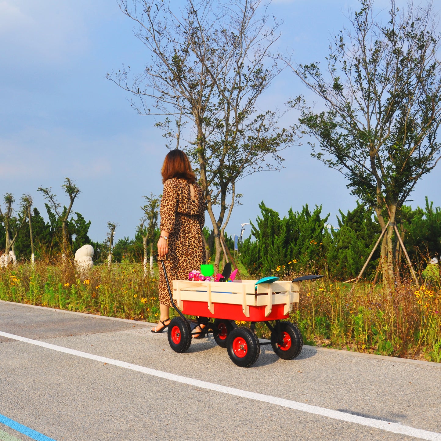 outdoor sport wagon tools cart wooden side panels air tires Wagon