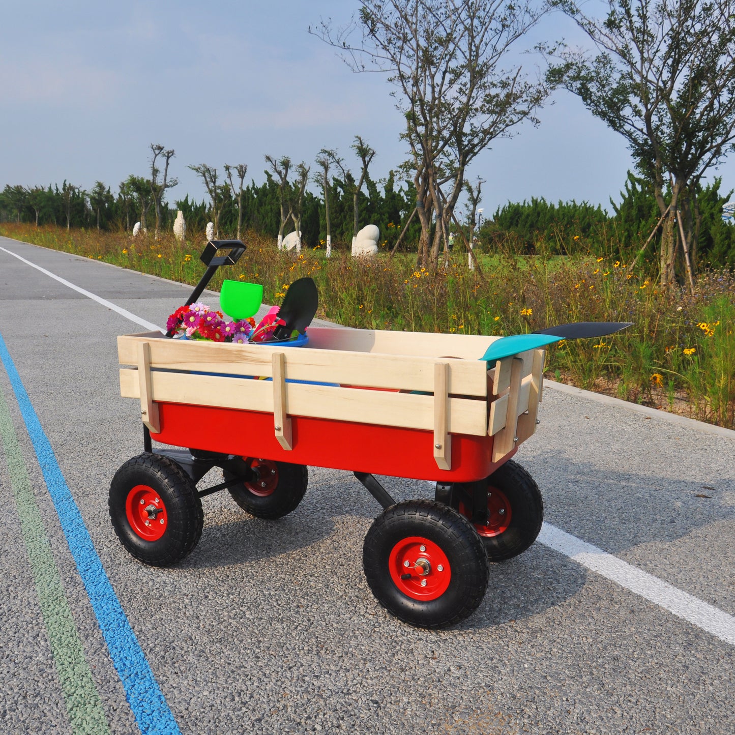 outdoor sport wagon tools cart wooden side panels air tires Wagon