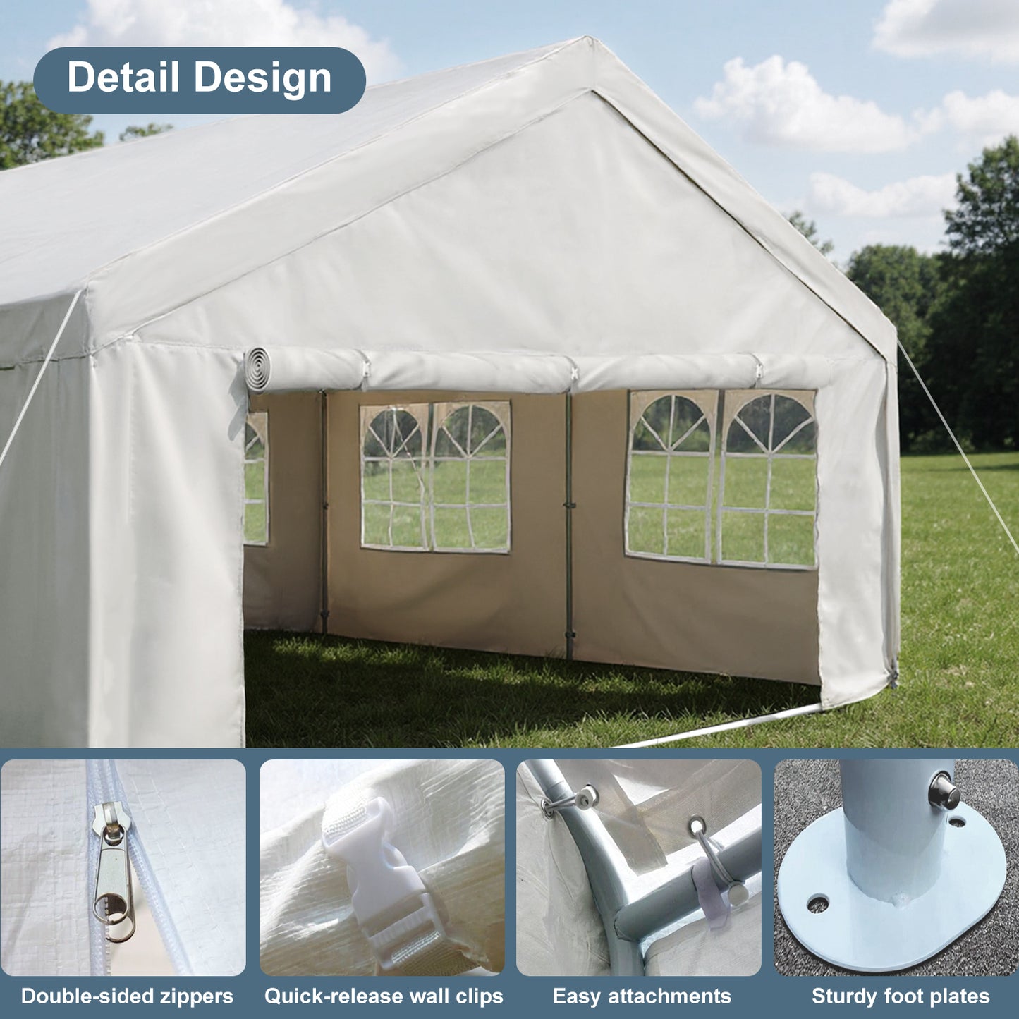 16'x32' Carport Car Canopy Party Tent with 3 Storage Bags & Removable Sidewalls, Outdoor Gazebo with 4 Ground Tubes, Commercial Tents for Parties Wedding BBQ with 3 Carry Bags