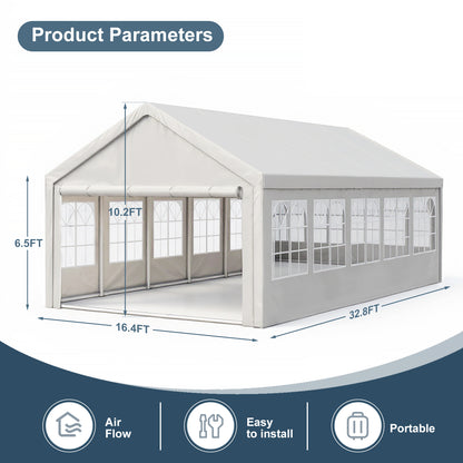 16'x32' Carport Car Canopy Party Tent with 3 Storage Bags & Removable Sidewalls, Outdoor Gazebo with 4 Ground Tubes, Commercial Tents for Parties Wedding BBQ with 3 Carry Bags