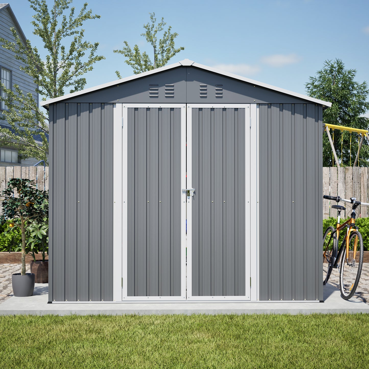 8 x 12 FT Outdoor Storage Shed, Large Metal Tool Storage with Aluminium Frame and Lockable Doors, Storage for Backyard Garden Patio Lawn, Grey