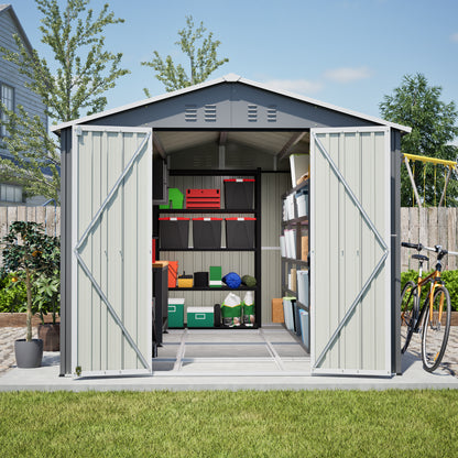 8 x 12 FT Outdoor Storage Shed, Large Metal Tool Storage with Aluminium Frame and Lockable Doors, Storage for Backyard Garden Patio Lawn, Grey