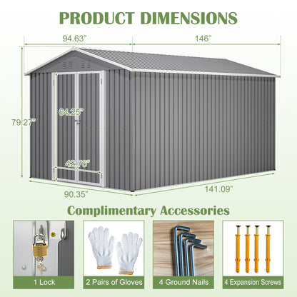8 x 12 FT Outdoor Storage Shed, Large Metal Tool Storage with Aluminium Frame and Lockable Doors, Storage for Backyard Garden Patio Lawn, Grey