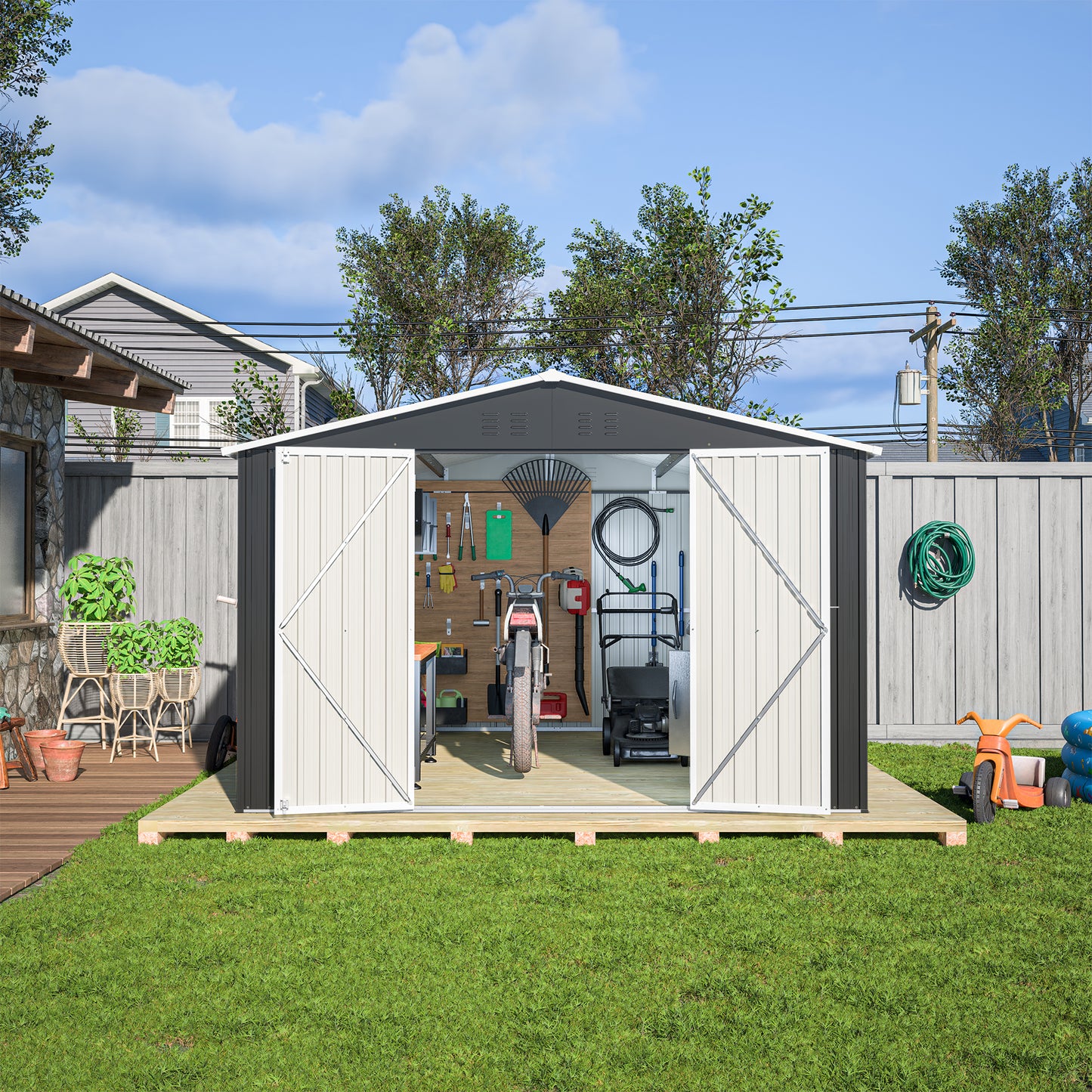 Outdoor Storage Shed 10x12 FT, Utility Metal Tool Storage with Lockable Doors and Updated Frame Structure, Large Metal Garden Shed for Backyard, Patio Lawn, Black