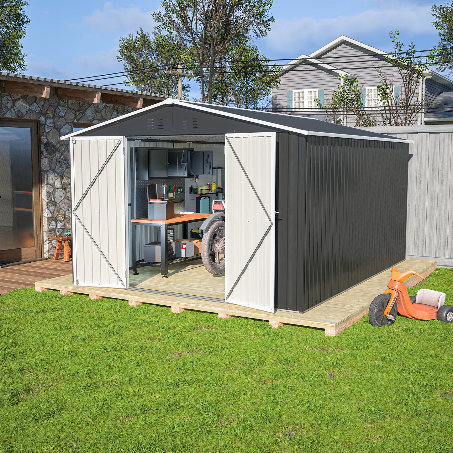 Outdoor Storage Shed 10x12 FT, Utility Metal Tool Storage with Lockable Doors and Updated Frame Structure, Large Metal Garden Shed for Backyard, Patio Lawn, Black