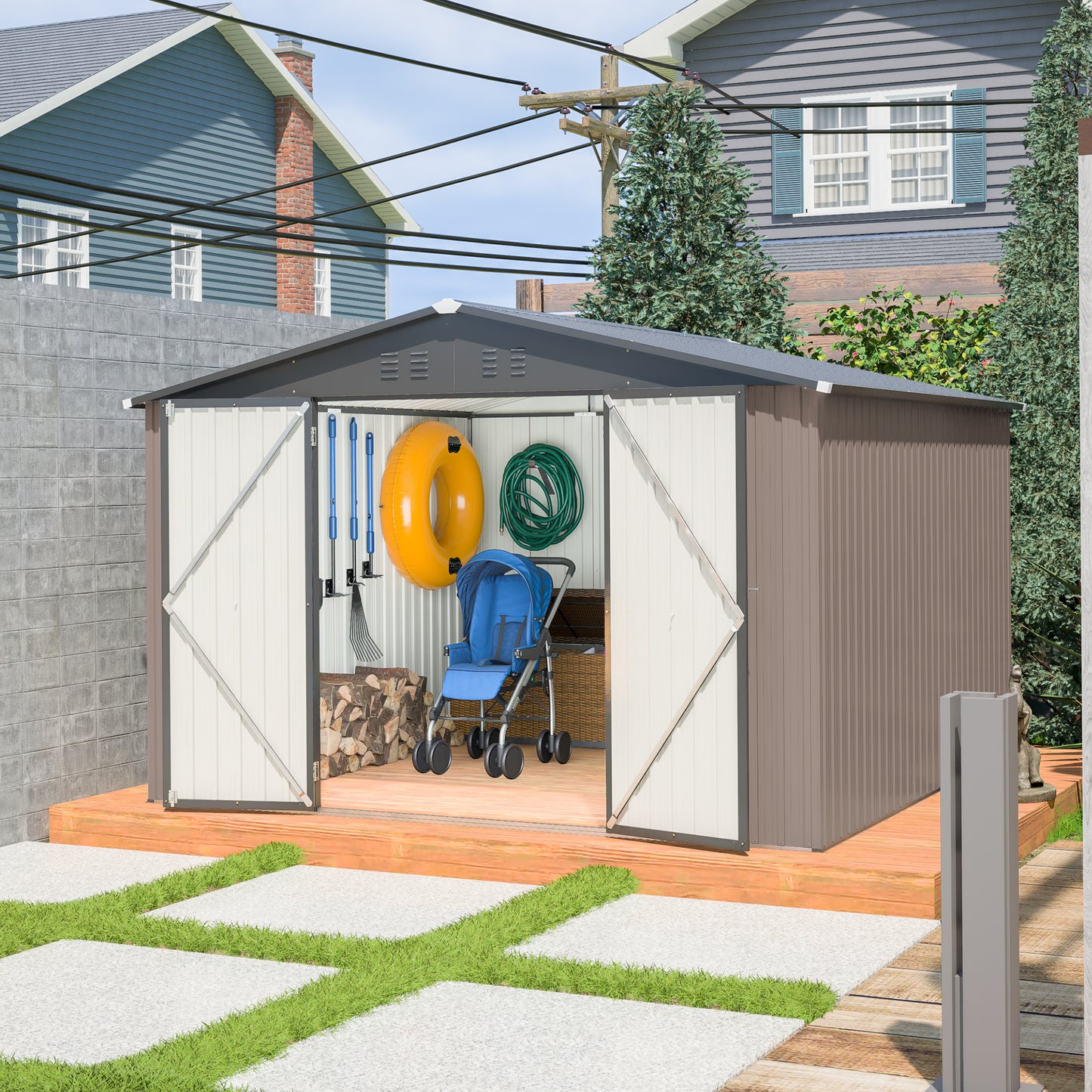 10' x 10' Metal Storage Shed for Ourdoor, Steel Yard Shed with Design of Lockable Doors, Utility and Tool Storage for Garden, Backyard, Patio, Outside use