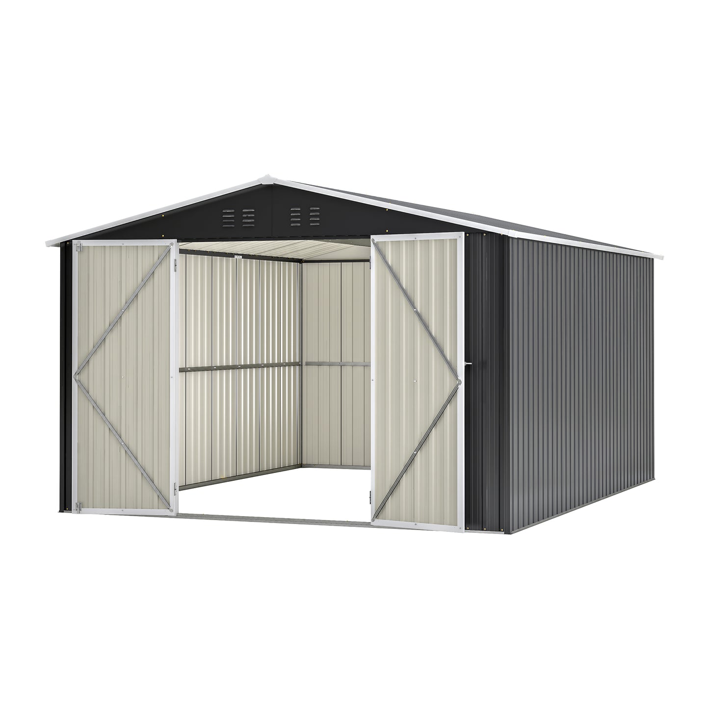 Outdoor Storage Shed 10x12 FT, Utility Metal Tool Storage with Lockable Doors and Updated Frame Structure, Large Metal Garden Shed for Backyard, Patio Lawn, Black