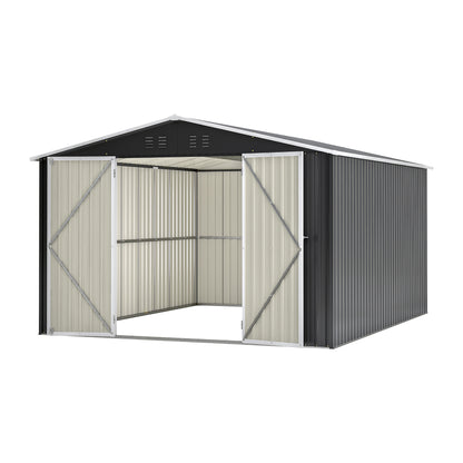 Outdoor Storage Shed 10x12 FT, Utility Metal Tool Storage with Lockable Doors and Updated Frame Structure, Large Metal Garden Shed for Backyard, Patio Lawn, Black