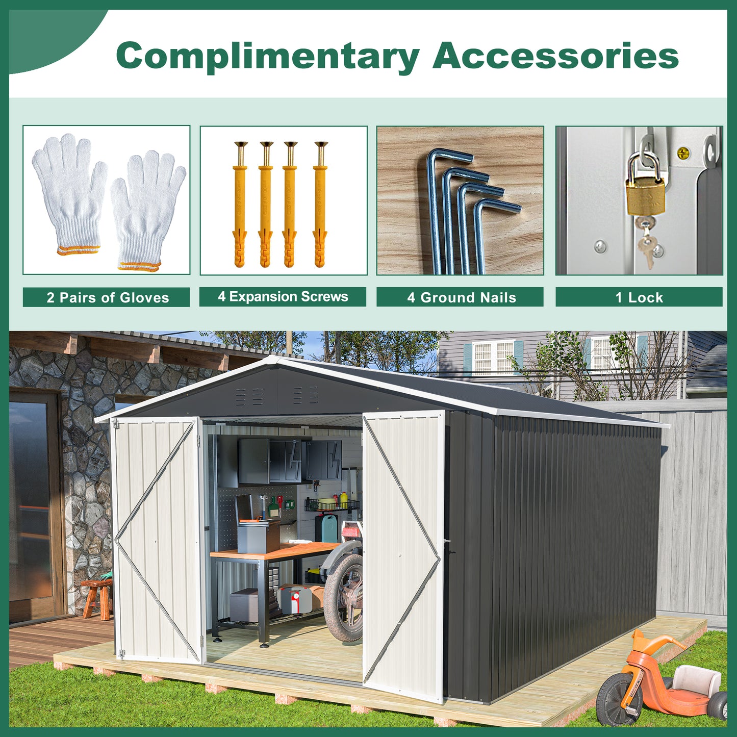 Outdoor Storage Shed 10x12 FT, Utility Metal Tool Storage with Lockable Doors and Updated Frame Structure, Large Metal Garden Shed for Backyard, Patio Lawn, Black
