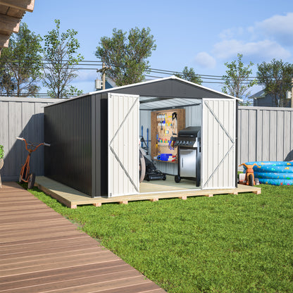 Outdoor Storage Shed 10x12 FT, Utility Metal Tool Storage with Lockable Doors and Updated Frame Structure, Large Metal Garden Shed for Backyard, Patio Lawn, Black