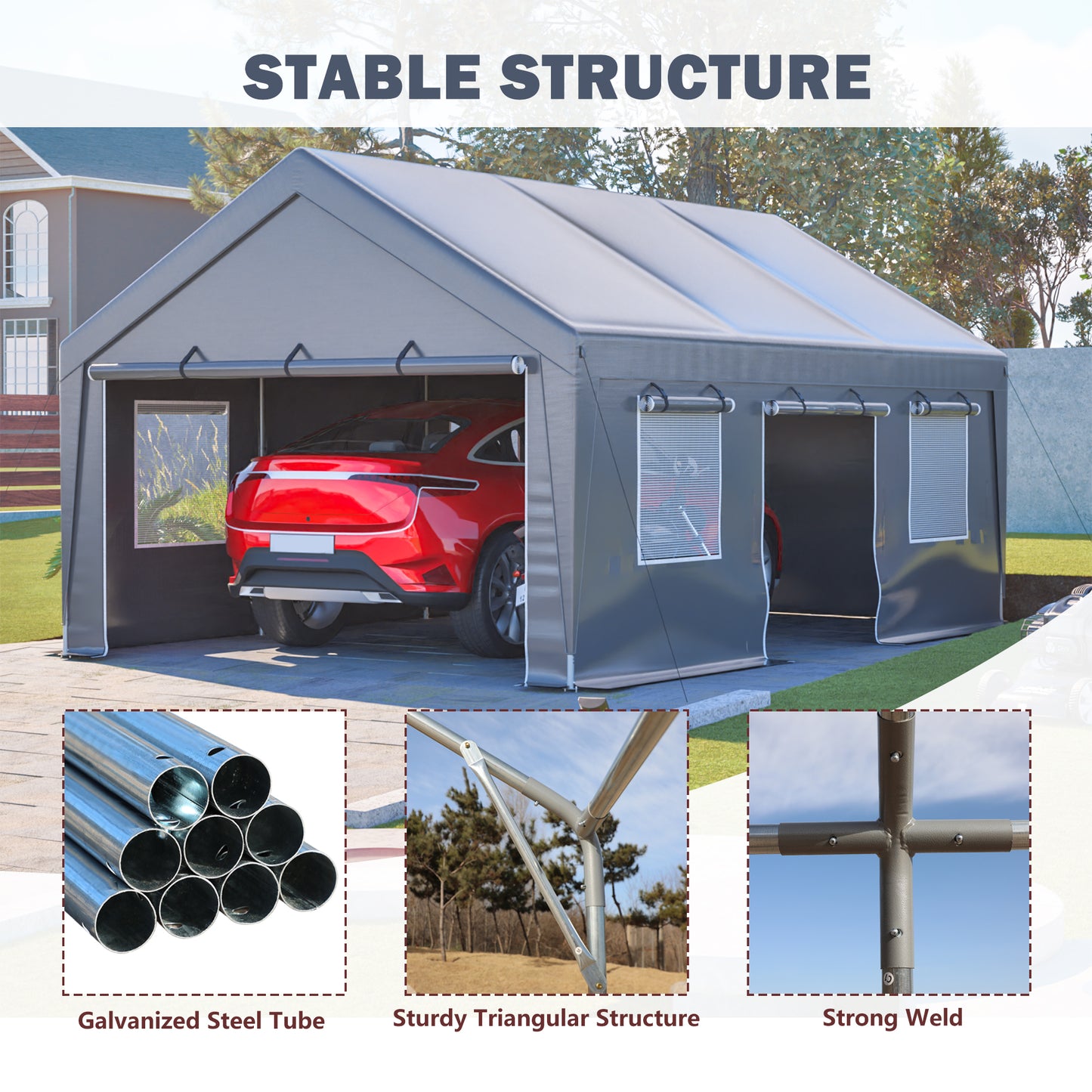 13'x20' Canopy with 2 Roll-Up Doors, Waterproof Party Tent, Carport & Storage Shelter for Outdoor, Car, Boat, Garden Party, Gathering, Galvanized Frame