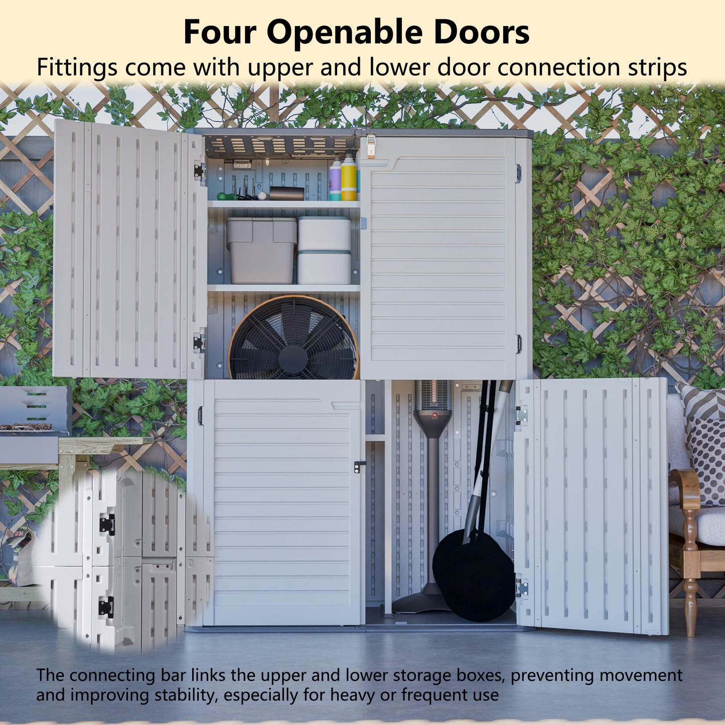 Rust Proof Resin Garden Equipment Storage with Partitions - Weatherproof, Spacious, UV Resistant Material