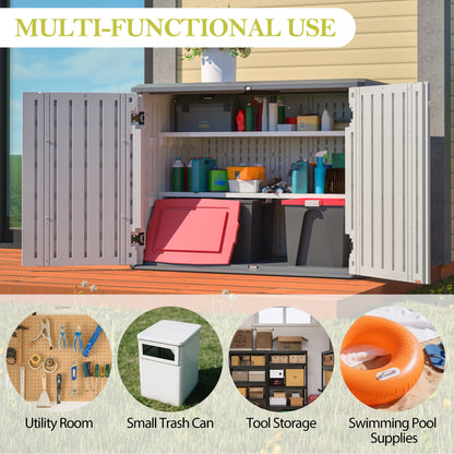 Horizontal Storage Shed with Removable Shelf, Large Lockable Outdoor Storage Cabinet, Weather-Resistant Plastic Storage Unit for Backyard, Patio, Garden – 28 Cu.ft, Ivory White