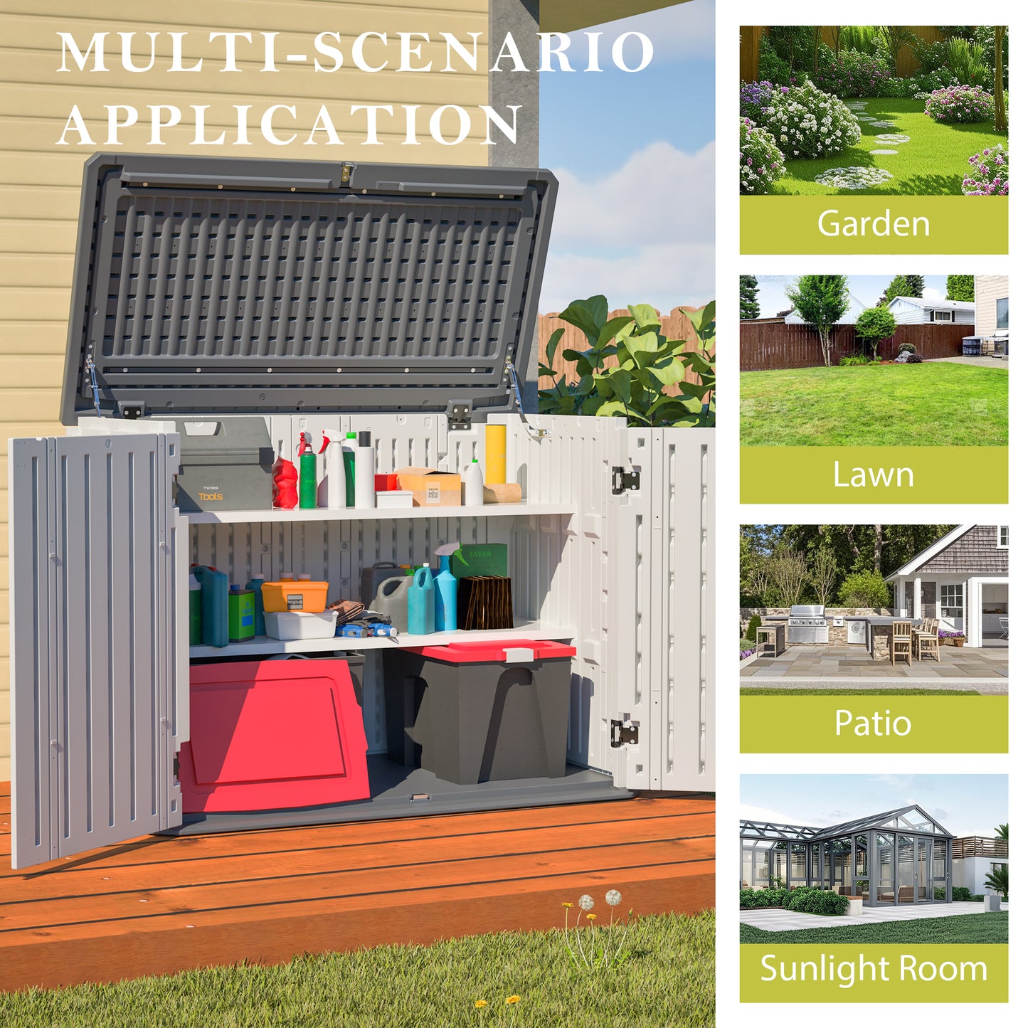 Horizontal Storage Shed with Removable Shelf, Large Lockable Outdoor Storage Cabinet, Weather-Resistant Plastic Storage Unit for Backyard, Patio, Garden – 28 Cu.ft, Ivory White