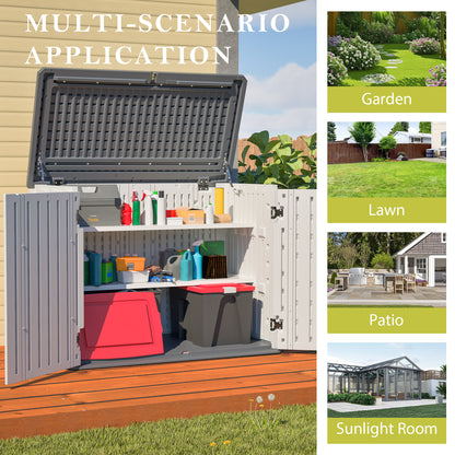 Horizontal Storage Shed with Removable Shelf, Large Lockable Outdoor Storage Cabinet, Weather-Resistant Plastic Storage Unit for Backyard, Patio, Garden – 28 Cu.ft, Ivory White