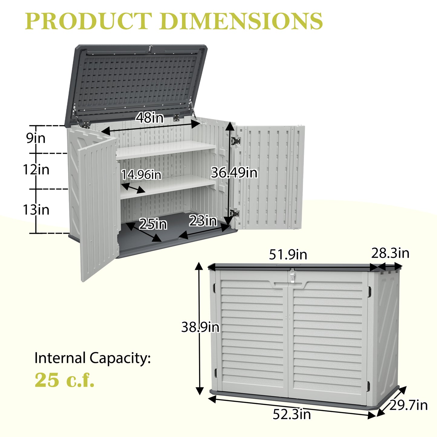 Horizontal Storage Shed with Removable Shelf, Large Lockable Outdoor Storage Cabinet, Weather-Resistant Plastic Storage Unit for Backyard, Patio, Garden – 28 Cu.ft, Ivory White