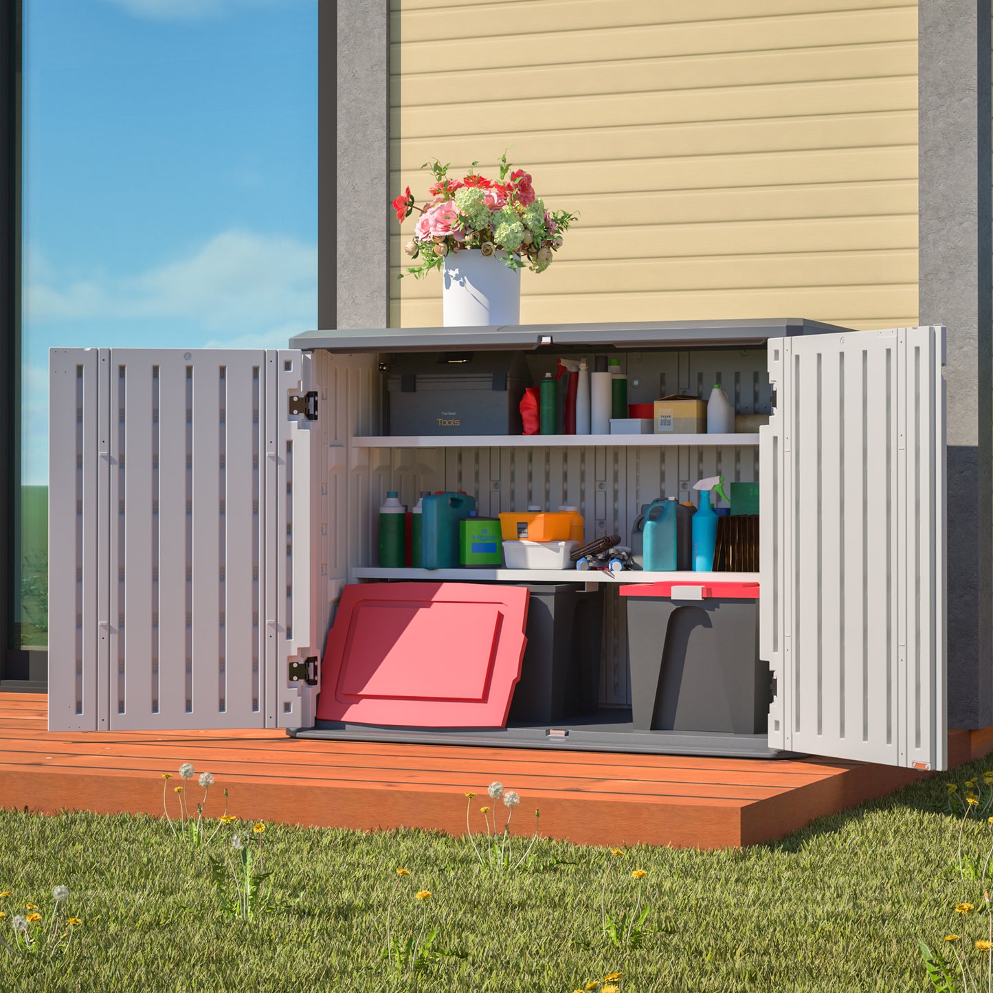 Horizontal Storage Shed with Removable Shelf, Large Lockable Outdoor Storage Cabinet, Weather-Resistant Plastic Storage Unit for Backyard, Patio, Garden – 28 Cu.ft, Ivory White