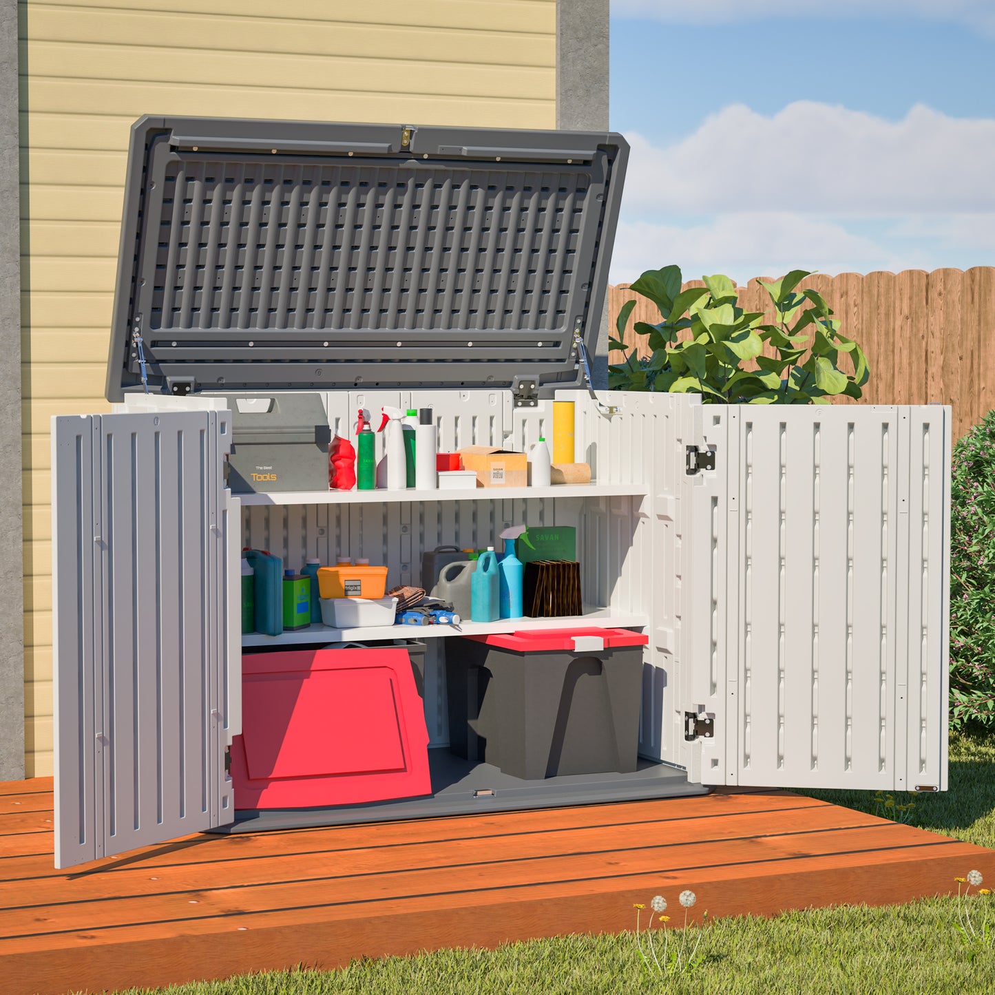 Horizontal Storage Shed with Removable Shelf, Large Lockable Outdoor Storage Cabinet, Weather-Resistant Plastic Storage Unit for Backyard, Patio, Garden – 28 Cu.ft, Ivory White