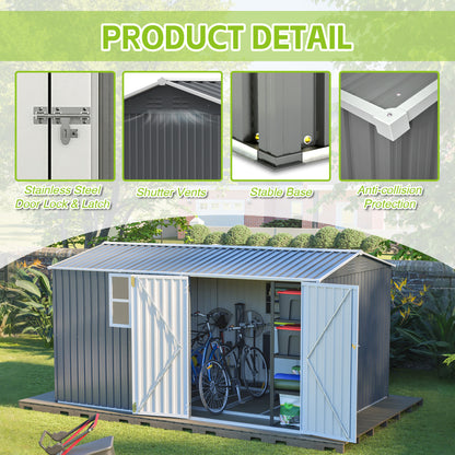 8x12 Ft Storage Shed Outdoor, XL Heavy-Duty Steel Building with Window – Features Hinged Gray Doors & 4 Air Vents for Backyard, Garden, Patio (Gray)